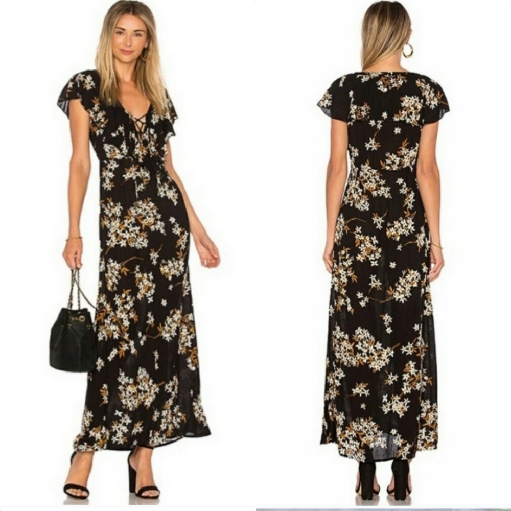New Amuse Society Alana Floral Flutter Sleeve Lace Up Maxi Dress
